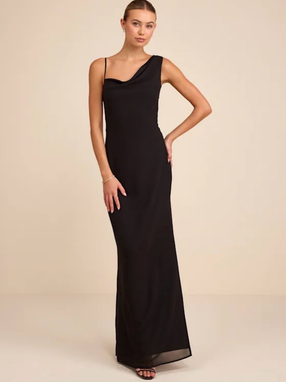 NWT Lulus Black Chiffon Open Cowl Back  Evening Gown with Slit size Medium